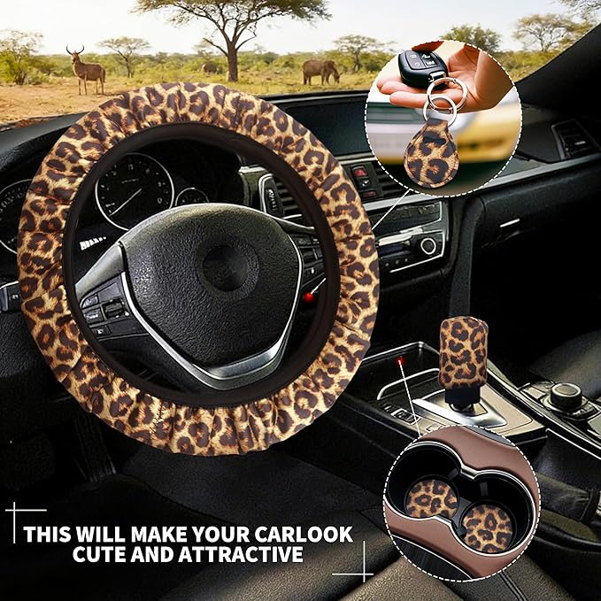 10 Pieces Leopard Print Printing Car Steering Wheel Cover Center Console Armrest Pad Headrest Seat Belt Cover Handbrake Cover Keychain Coaster Full Set Car SUV(Brown)