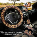 10 Pieces Leopard Print Printing Car Steering Wheel Cover Center Console Armrest Pad Headrest Seat Belt Cover Handbrake Cover Keychain Coaster Full Set Car SUV(Brown)