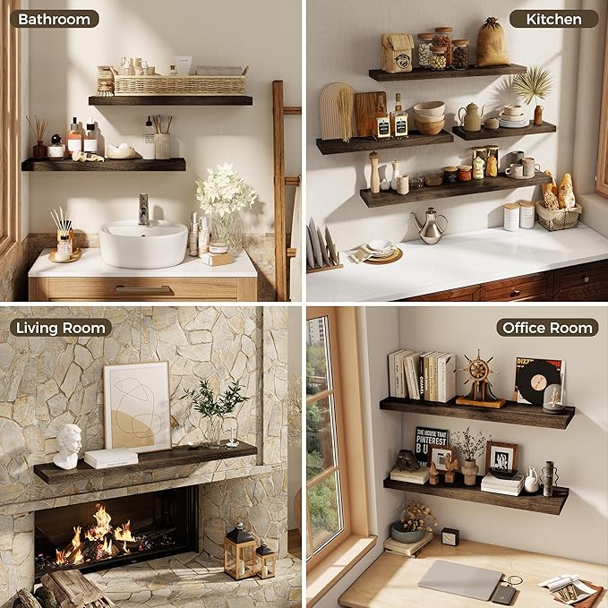 30 Inch Floating Shelves for Wall, 8"D High End Solid Hardwood Shelves for Decor Storage, Rustic Wall Shelves with Invisible 