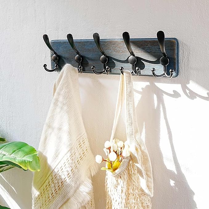 Dseap Coat Rack Wall Mount - Heavy-Duty Robust Barnwood-Style Wooden Wall Coat Hanger Hook Rail with 5 Triple Hooks for Winte