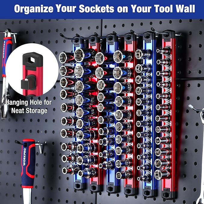 WORKPRO Magnetic Socket Organizer - 6-Piece Aluminum Alloy Socket Rail, Heavy Duty Socket Holder - Set: 1/4-Inch x 12 Clips, 
