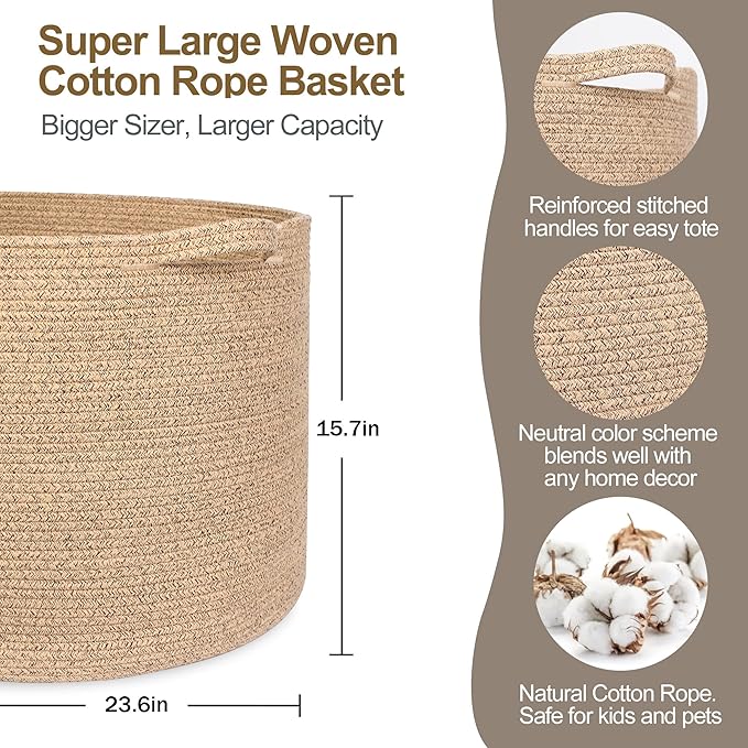MEGASKET 115L Wicker Storage Basket, 23.6"x15.7" Woven Cotton Rope Basket, Giant Kids Dog Toy Bin Organizer, XXXL Blanket Pil