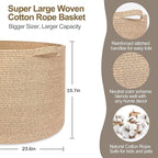 MEGASKET 115L Wicker Storage Basket, 23.6"x15.7" Woven Cotton Rope Basket, Giant Kids Dog Toy Bin Organizer, XXXL Blanket Pil