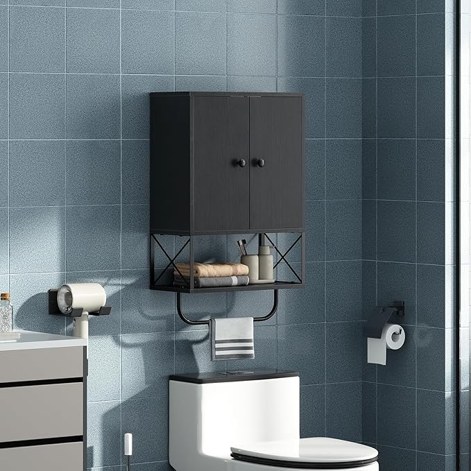 MAHANCRIS Bathroom Wall Cabinet with 2 Door and Adjustable Shelf, Farmhouse Medicine Cabinet with Towel Rack, 3-Tier Wall Mou