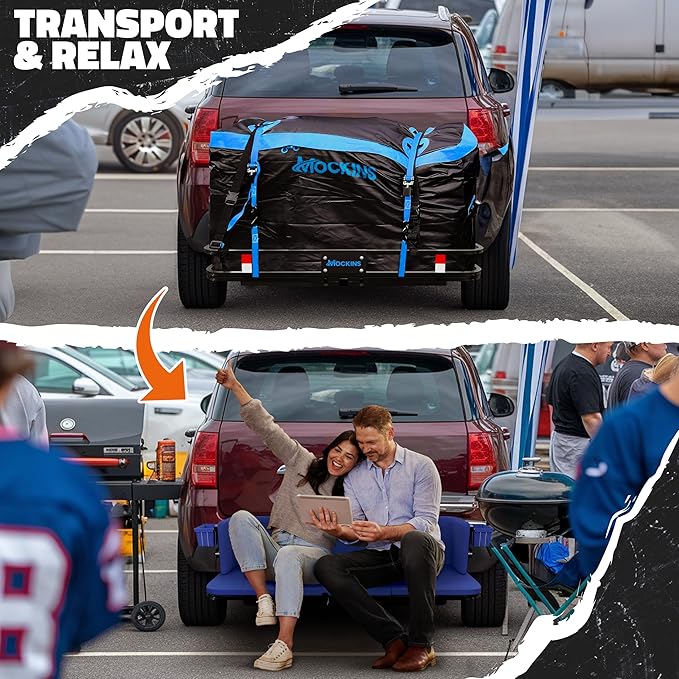 Mockins 2-in-1 Trailer Hitch Cargo Carrier Bench 48"x18"x6" w/ 15 CuFt Waterproof Truck Bed Storage Bag | 500 Lb Capacity Folding Cargo Hitch Carrier Tailgate Seat Bundle w/Stabilizer, Straps, & Lock