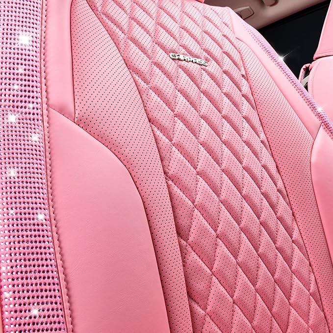 CAR PASS Pink Nappa Leather Car Seat Covers for Full Seats, Bling Diamond Waterproof Seat Protectior Universal Fit Auto SUV S