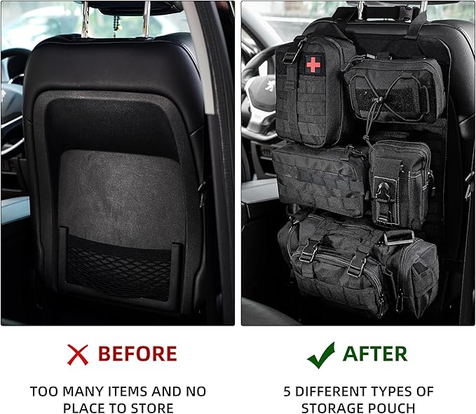 Tactical Car Seat Back Organizer,Back Seat Organizer with 5 Detachable Molle Pouches,Molle Panel Organizer Fits for Vehicel Such as Jeep,Truck,SUV, Car