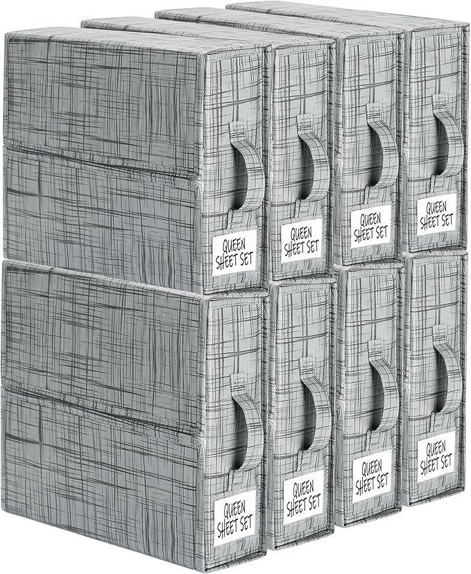 SUOCO SheetCube Bed Sheet Organizers and Storage 8 Pack, Foldable Linen Closet Organizer with Window and Label, Bedding Stora
