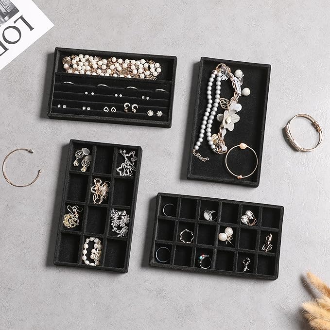 Frebeauty Jewelry Organizer Tray,Stackable Velvet Jewelry Trays,Drawer Inserts Earring Organizer For Women Jewelry Storage Di