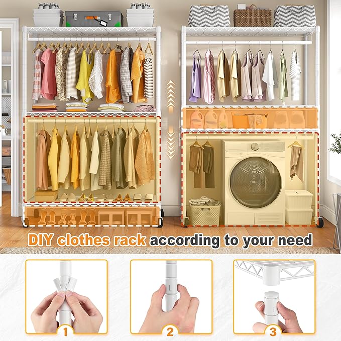 Raybee Clothes Rack with Cover, 45" W Heavy Duty Clothing Racks for Hanging Clothes, Portable Closet with Adjustable Shelves 