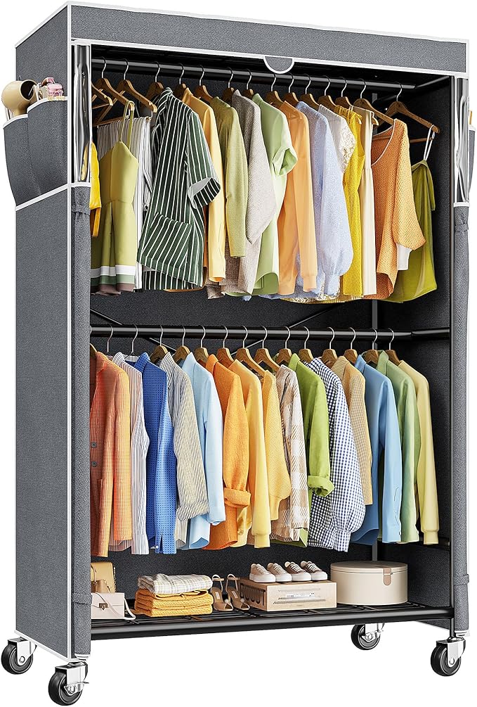 Raybee 80.32" H Clothes Rack with Cover,Rolling Clothing Racks for Hanging Clothes with Wheels,Heavy Duty Portable Garment Ra