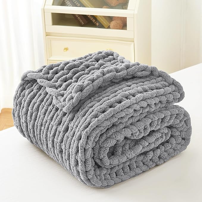 Admitrack Chunky Knit Blanket Throw, 100% Hand Knit Chenille Throw Blanket for Sofa & Home Decor, Soft and Cozy Knitted Throw