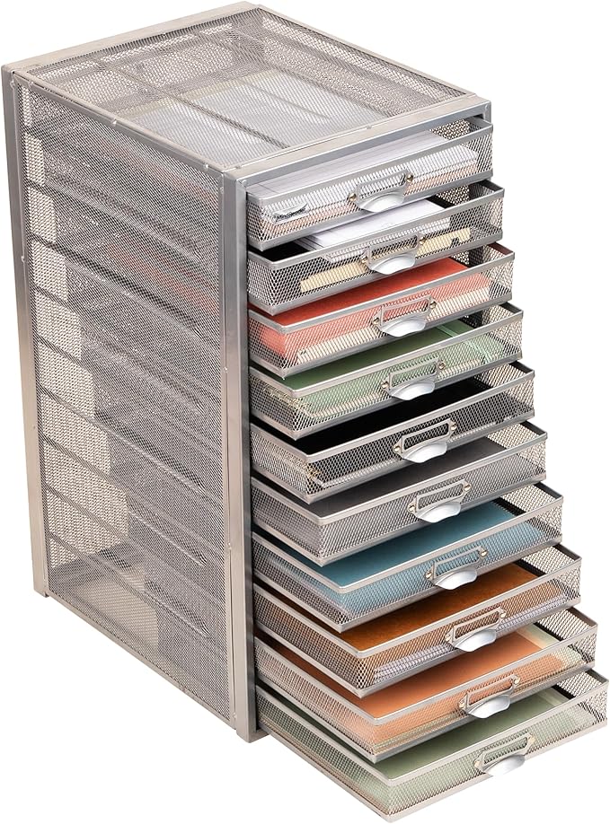 Mind Reader 10-Drawer Desk Organizer for Office Supplies, Crafts, Mail Sorting & More, Metal Mesh, 10.75"L x 14"W x 21.25"H, 