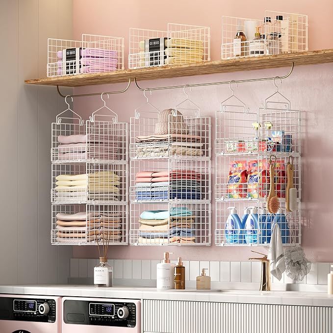 Sonyabecca 3-Tier Hanging Closet Organizer with 5 S Hooks, Closet Shelves for Clothes, Shoes, Handbags, Accessories, Hanging 