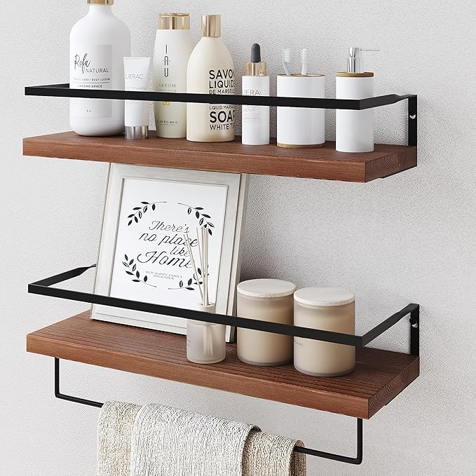 Wood Floating Shelves Wall Mounted - 2+1 Tier Rustic Bathroom Wall Shelves Over Toilet with Towel Bar, Natural Wood Set of 2 