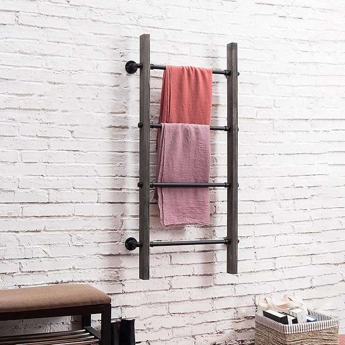 MyGift Wall Mounted Blanket Ladder Farmhouse Gray Wood and Industrial Metal Pipe Towel Hanging Rack