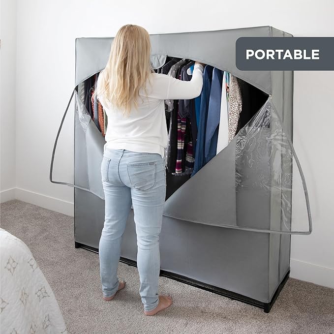 HOLDN’ STORAGE Portable Wardrobe Closet - 65 lb Large Capacity, Internal Heavy Duty Metal Rod, Zipper & Clear Window, Durable