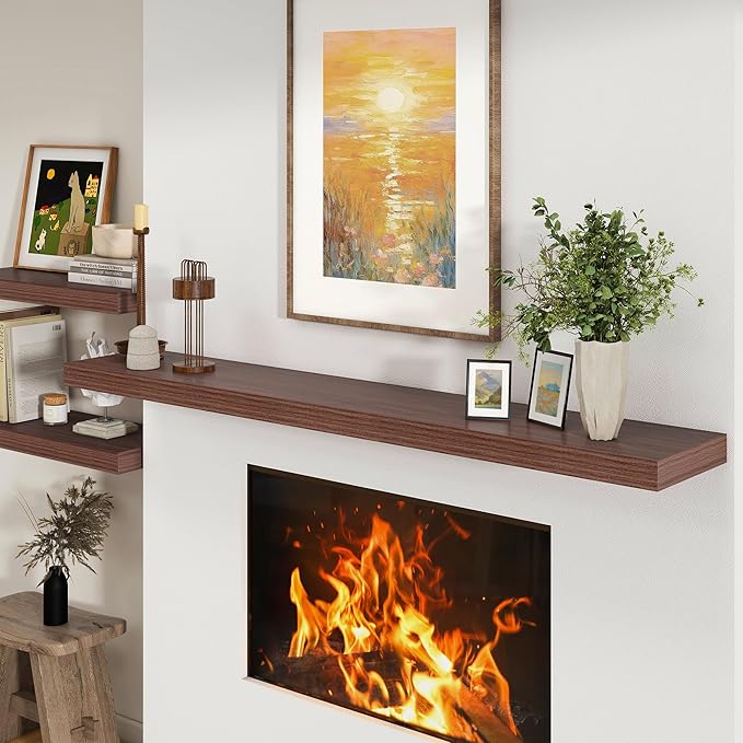 72 Inch Walnut Floating Shelf | 12 Inch Deep Floating Shelves Set of 1 | 72" D x 12" D Rustic Wood Shelves for Wall | Deep Wa