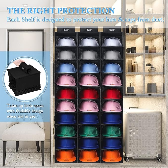 VAESIDA Hat Rack for Closet, 10 Shelf Hanging Hat Organizer for Baseball Caps Storage, Hat Holder Organizer for Hat Display, 