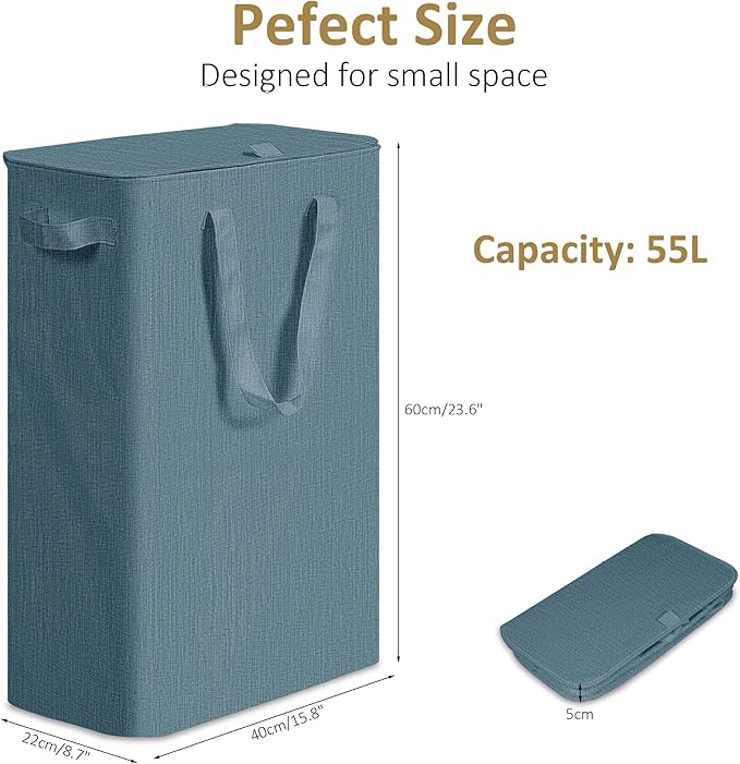 efluky Slim Laundry Basket with Lid, Narrow Laundry Hamper with Handles, Collapsible Dirty Clothes Hamper, Tall Laundry Bin f