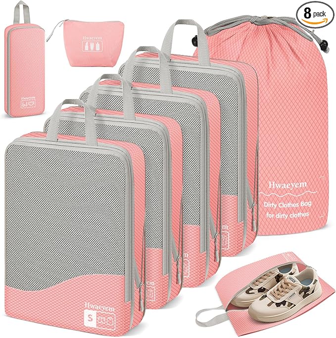 Compression Packing Cubes 8 Set, Dual Zipper Compression Packing Cubes for Travel, See-Through Mesh Packing Bags for Suitcase