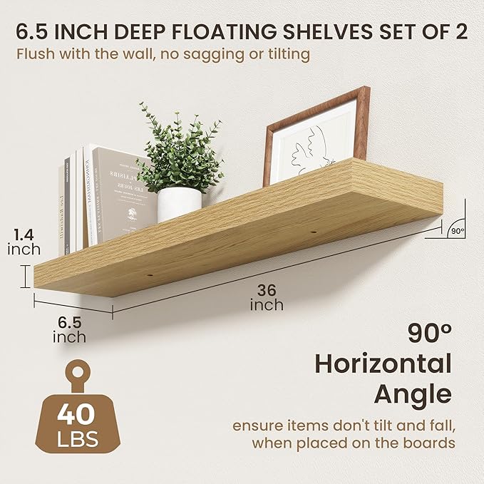 32 Inch Floating Shelves | 6.5 Inch Deep Oak Floating Shelves Set of 2 | 32" W x 6.5" D Rustic Oak Shelves with Invisible Bra