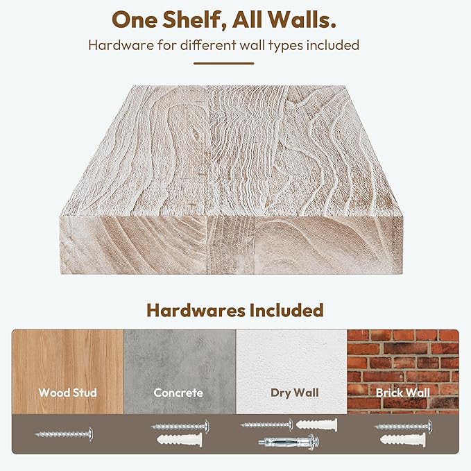 Vivelove Elm Floating Shelves for Wall Solid Wood, 24 Inches Long Rustic Wall Shelf with Invisible Bracket for Living Room Be