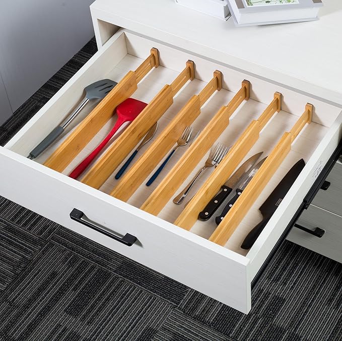 VaeFae Adjustable Bamboo Drawer Dividers and Bamboo Knife Drawer Organizer Bundle