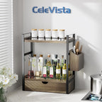2-Tier Wood Bathroom Counter Organizer, Countertop Organizer with Drawer and Storage Basket, Bathroom Sink Organizer for Vani