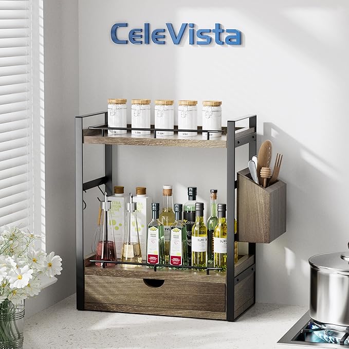 2-Tier Wood Bathroom Counter Organizer, Countertop Organizer with Drawer and Storage Basket, Bathroom Sink Organizer for Vani