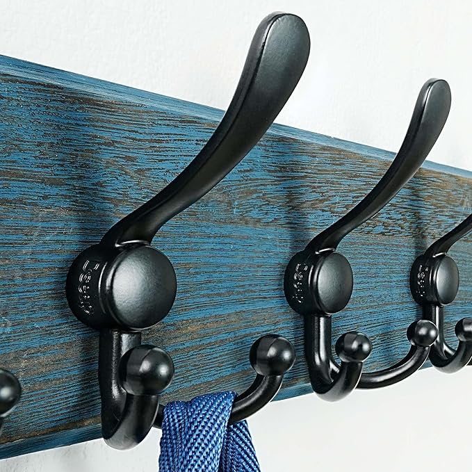 Dseap Coat Rack Wall Mount - Heavy-Duty Robust Barnwood-Style Wooden Wall Coat Hanger Hook Rail with 5 Triple Hooks for Winte