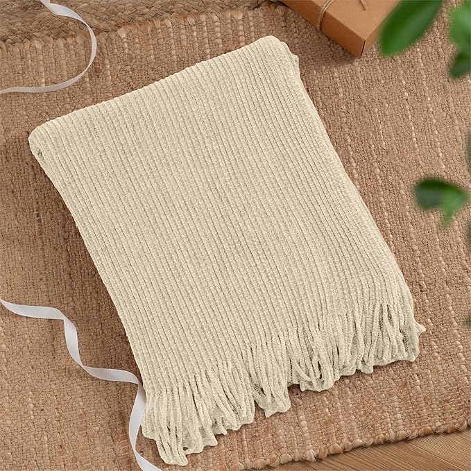 BATTILO HOME Beige Throw Blanket for Couch, Soft Chenille Knit Throws with Tassels for Home Decor, White Cream Throws for Bed