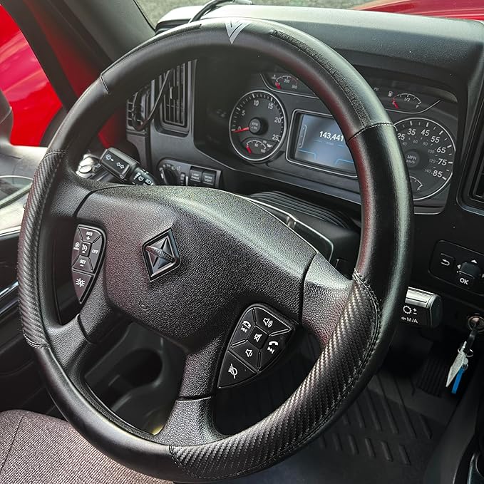 18-Inch Genuine Leather Steering Wheel Cover for Semi Trucks – Black with Black Stripes, Universal Fit Heavy-Duty Non-Slip Grip, Comfortable Control, Easy Installation