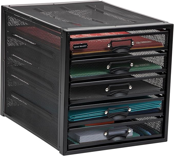 Mind Reader File Storage Drawers, Desk Organizer, Multi-Purpose, Crafts, Office, Metal Mesh, 11"L x 14"W x 11"H, Black, 5 Dra