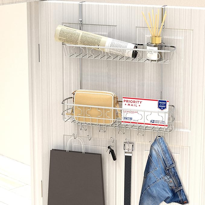 Simple Houseware Over The Door Hanging Shelf Organizer,11 Hooks with Dual Basket, Chrome