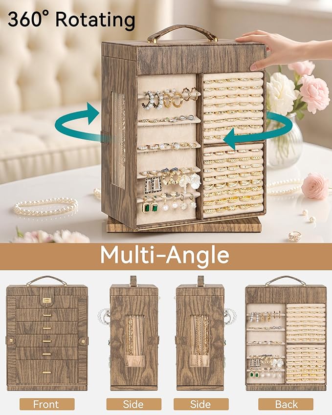 AKOZLIN 360° Rotating Jewelry Box Extra Large 6-Tier Organizer Functional Jewelry Storage Case for Women Girls Ring Necklace 