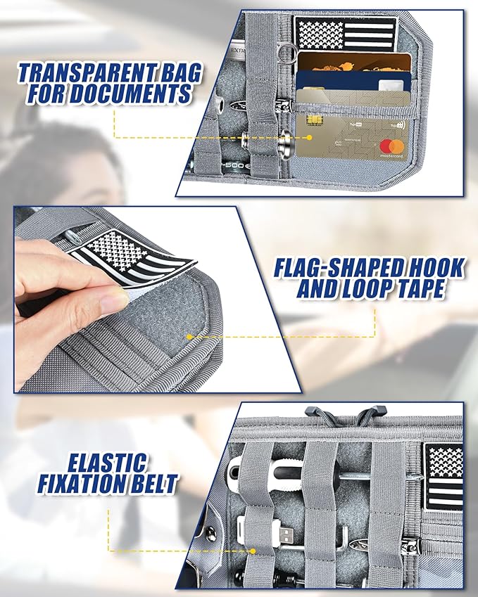 Heavy Duty Molle Car Sun Visor Organizer Tactical Pounch with Flag and Glasses Clip Store Your Daily Items for Most Cars, Trucks, SUVs, Compacts, 12.8"x6.9"x1.2" (Gray)