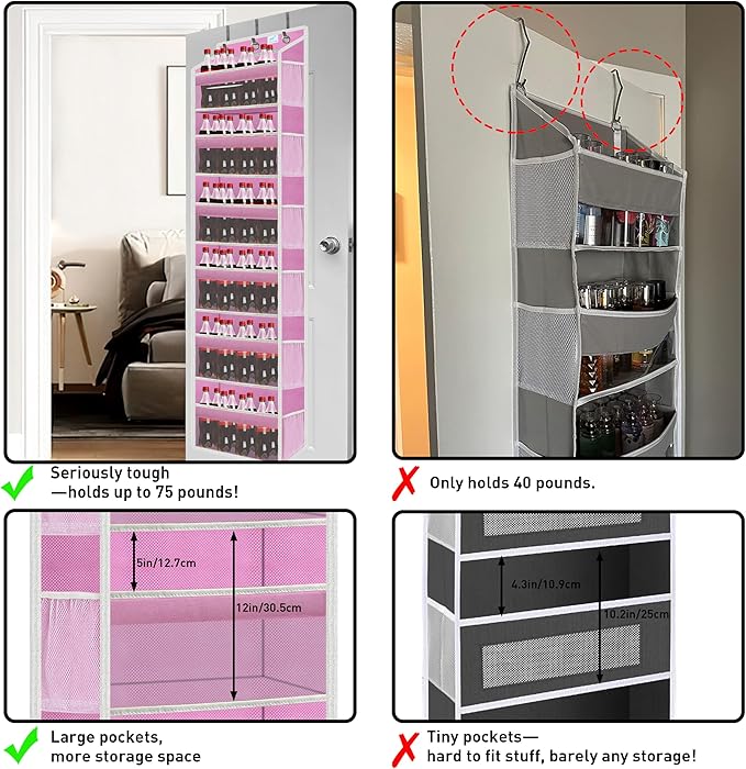 over the door organizer, Solid Bamboo Board (Not Plastic!) 6-Tier Heavy Duty 75LB, 12 Side Pockets, 3 Reinforced Hooks & Anti