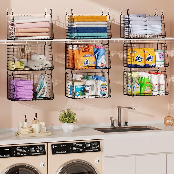 Sonyabecca 3-Pack Hanging Laundry Baskets, Foldable Metal Wire Shelves with 360° Rotating Hooks, Space-Saving Over Washer/Dry