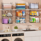 Sonyabecca 3-Pack Hanging Laundry Baskets, Foldable Metal Wire Shelves with 360° Rotating Hooks, Space-Saving Over Washer/Dry