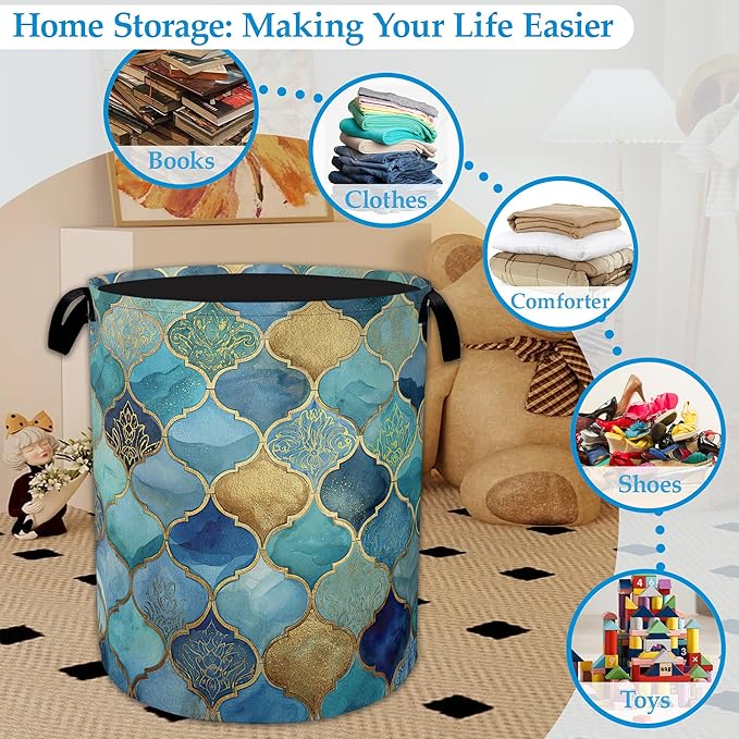 Moroccan Mosaic Laundry Basket Collapsible Laundry Hamper, Oxford Cloth Storage Bin for Room/Bathroom/Bedroom/Dormitories 16"