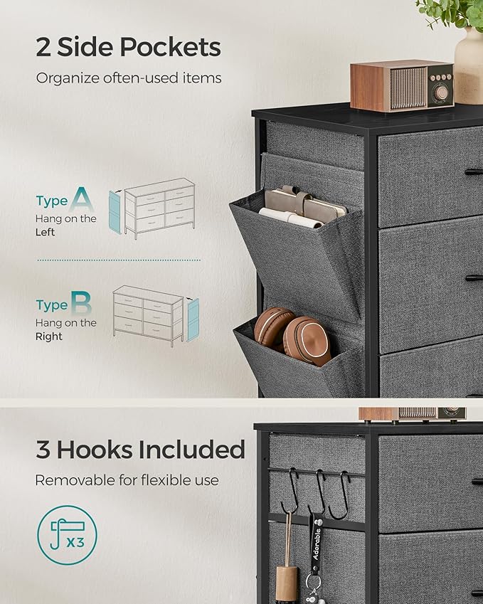 SONGMICS 6-Drawer Dresser for Bedroom, Chest of Drawers with Side Pockets, Drawer Dividers, Fabric Storage Organizer for Clos