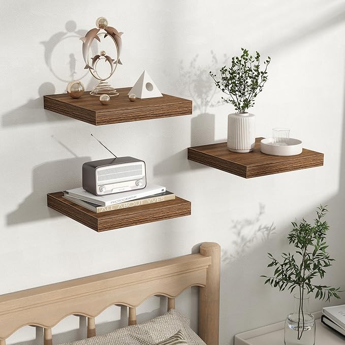 Fun Memories Rustic Wood Floating Shelves for Wall, Space-Saving Wall Mounted Shelves for Bathroom, Bedroom, Living Room and 