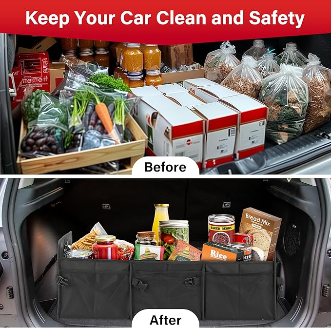 Simple Deluxe Car Trunk Organizer, Multi Compartments Collapsible Trunk Storage, Anti-slip, Waterproof 600D Oxford Polyester, w