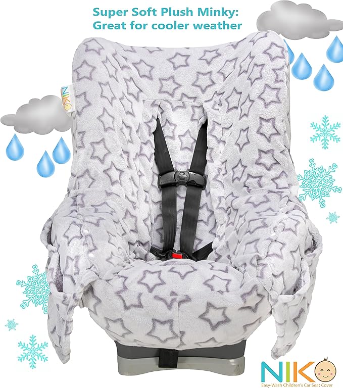 Niko Easy Wash Children's Car Seat Cover & Liner -Minky -Silver Star -Perfect for Winter Weather-Universal Fit -Crash Tested 