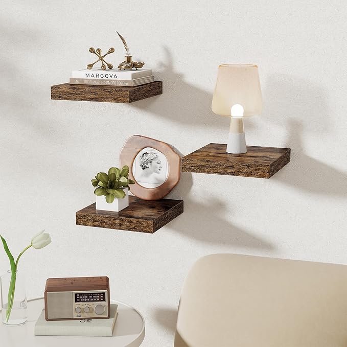 Fun Memories Square Floating Shelves for Wall, 9.3" W x 9.3" D x 1.4" H, Shelves for Wall with Invisible Brackets, Small Wood