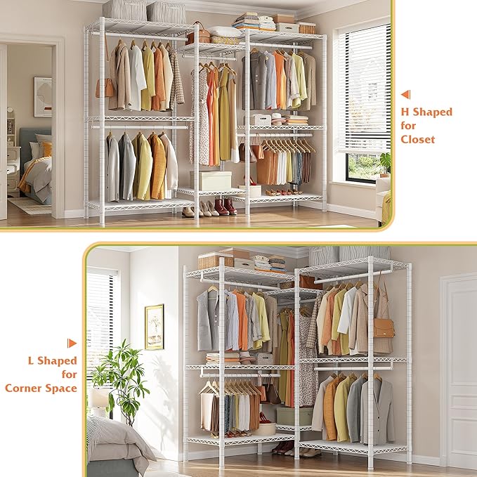 Raybee Clothes Rack, Clothing Racks for Hanging Clothes, L Shaped Clothing Rack for Corner 900LBS Heavy Duty Clothes Rack Gar