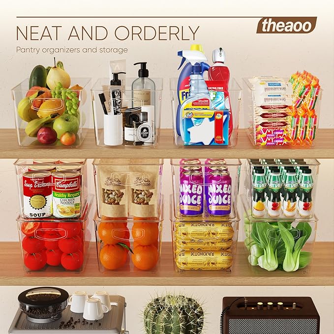 theaoo Large Stackable Refrigerator Organizer Bins AND Soda Can Dispenser for Refrigerator with Lids