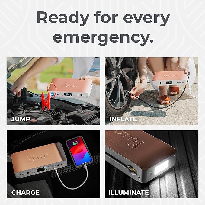 HALO Bolt Air 58830 Portable Car Battery Jump Starter | 100 PSI Air Compressor, 58.8Wh USB Power Bank, Emergency Floodlight