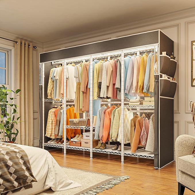 Raybee Clothes Rack with Cover,1150LBS Heavy Duty Clothing Rack for Hanging Clothes,Adjustable Portable,18" D x 76" W x 77" H
